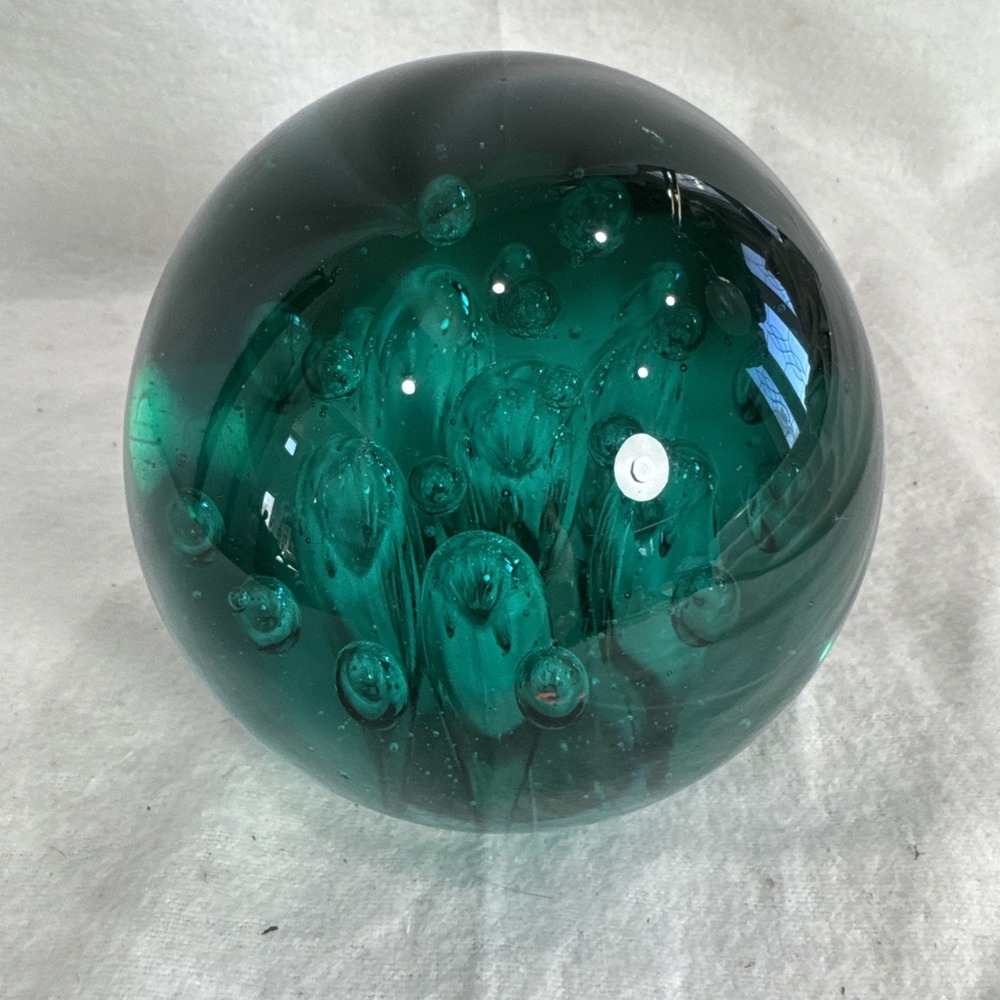 Vintage Green Sphere Bubble Art Glass Round Shaped 2+ LBS Heavy Paperweight Orb